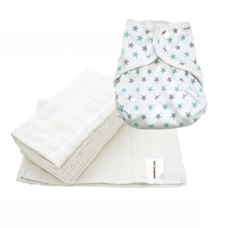 Size 2 Cover - Mint Star with 6pk White Muslin Prefolds Size 2